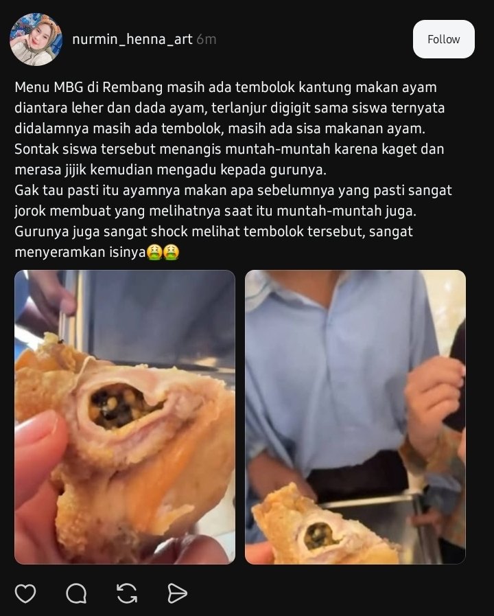 Txtdariiugm's tweet image. PLIS YANG GA KUAT JANGAN BACA!

Menu MBG masih ada kotoran ayamnya 😭