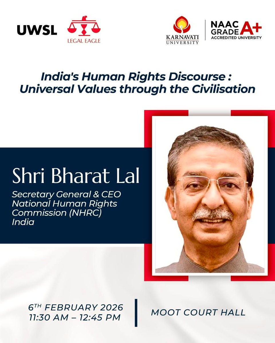 NHRC Secretary General, Shri Bharat addressed the Legal Eagle session on 'India’s Human Rights Discourse: Universal Values through the Civilisation' organised by Unitedworld School of Law, Karnavati University in Gandhinagar, Gujarat.