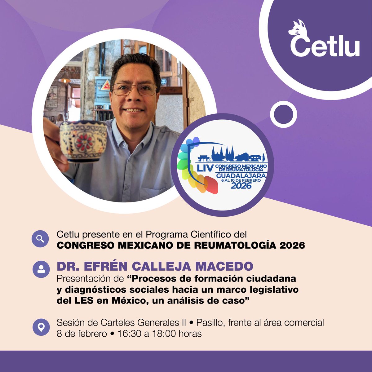 CetluLupusMex's tweet photo. CETLU presente en el Congreso Mexicano de Reumatología 2026 💜 con las participaciones del Dr. Efrén Calleja Macedo y la Dra. @lauraathie, integrando ciencia, experiencia y enfoque de derechos en lupus.
#CETLU #Lupus #Reumatología2026 https://t.co/f5cNtVxZuO