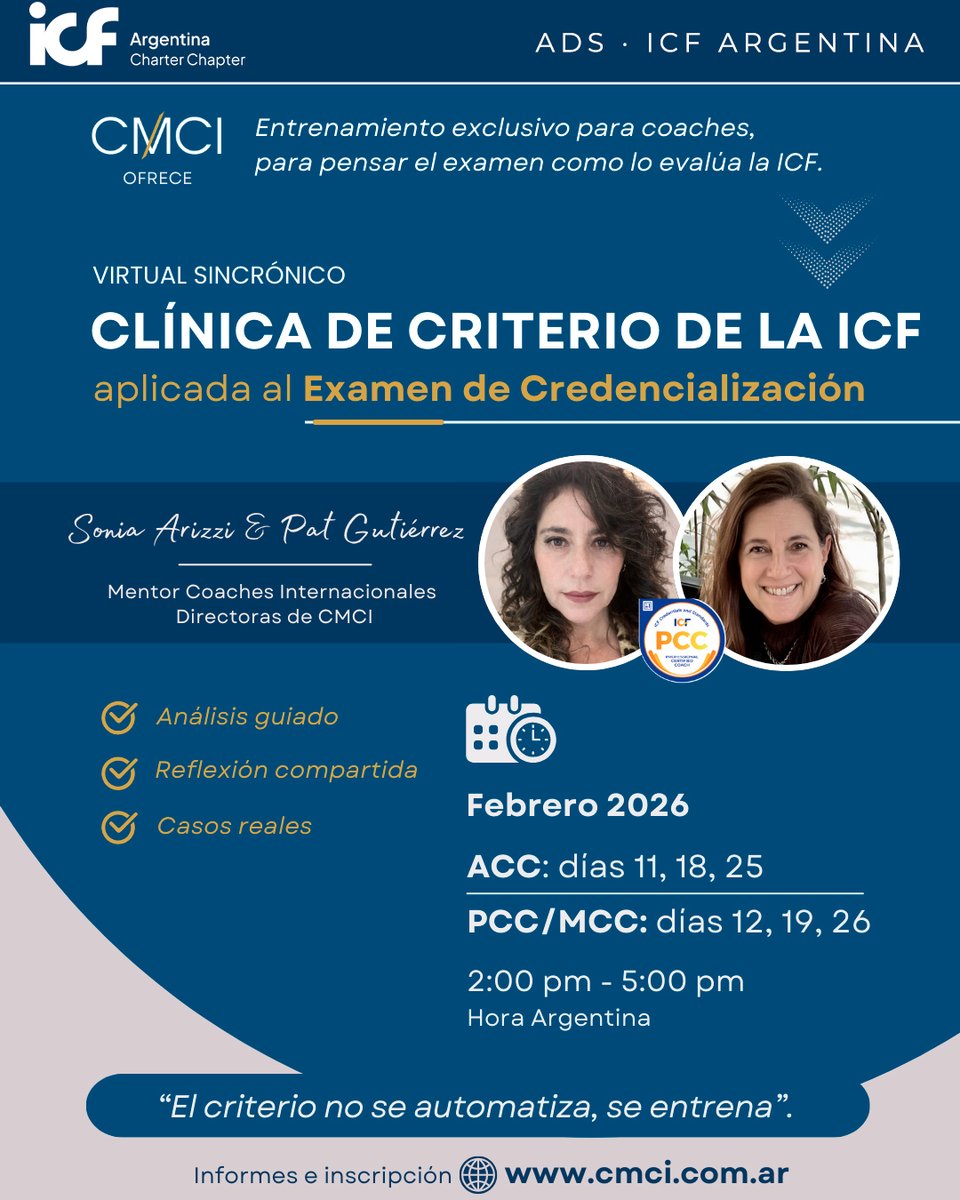 Pensar el examen de la ICF no equivale a saber más teoría. Es aprender a leer, analizar y decidir cómo evalúa la ICF

Más información en cmci.com.ar

No entrenamos respuestas. Entrenamos criterio.

#ICF #ICFLatam #ICFArgentina #ExamenICF #CredencialICF #FormaciónICF
