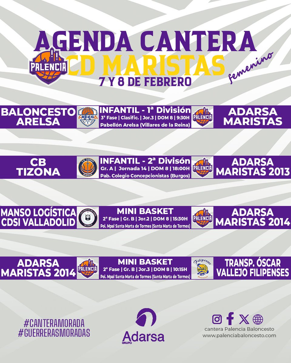 PBcantera's tweet image. #AgendaMorada | #Autonómicos @FBCyL

💜 Por cortesía del @grupoadarsa ofrecemos los encuentros que disputarán nuestros equipos este fin de semana

🟣 Un fin de semana muy viajero. Sólo dos partidos se disputarán en el Pabellón Maristas

#CDMaristas
#VamosMorados
#GuerrerasMoradas