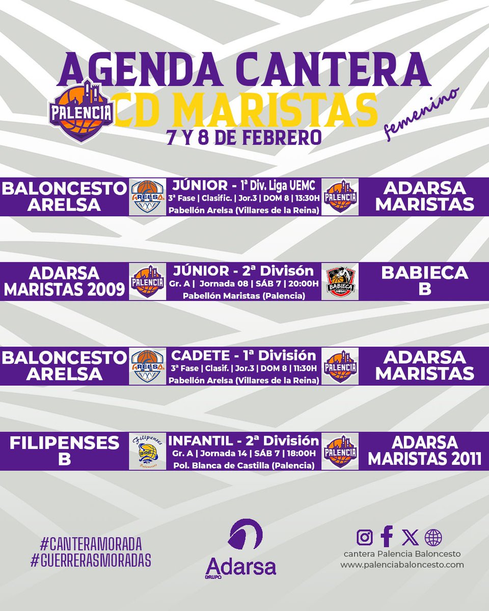 PBcantera's tweet image. #AgendaMorada | #Autonómicos @FBCyL

💜 Por cortesía del @grupoadarsa ofrecemos los encuentros que disputarán nuestros equipos este fin de semana

🟣 Un fin de semana muy viajero. Sólo dos partidos se disputarán en el Pabellón Maristas

#CDMaristas
#VamosMorados
#GuerrerasMoradas