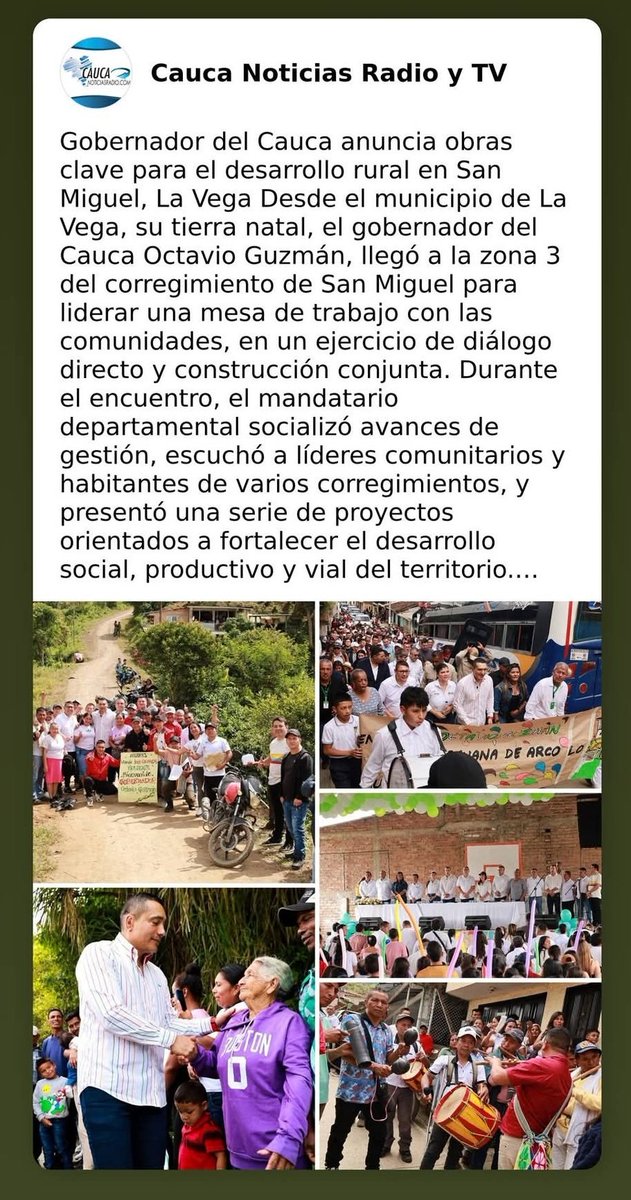 caucanoticias's tweet photo. #BuenasNoticias Gobernador del Cauca @OctavioGuzmanGu anuncia obras clave para el desarrollo rural en San Miguel, La Vega. @GobCauca 

https://t.co/ys7Bs8pDVZ https://t.co/R0Uw7U3eG0