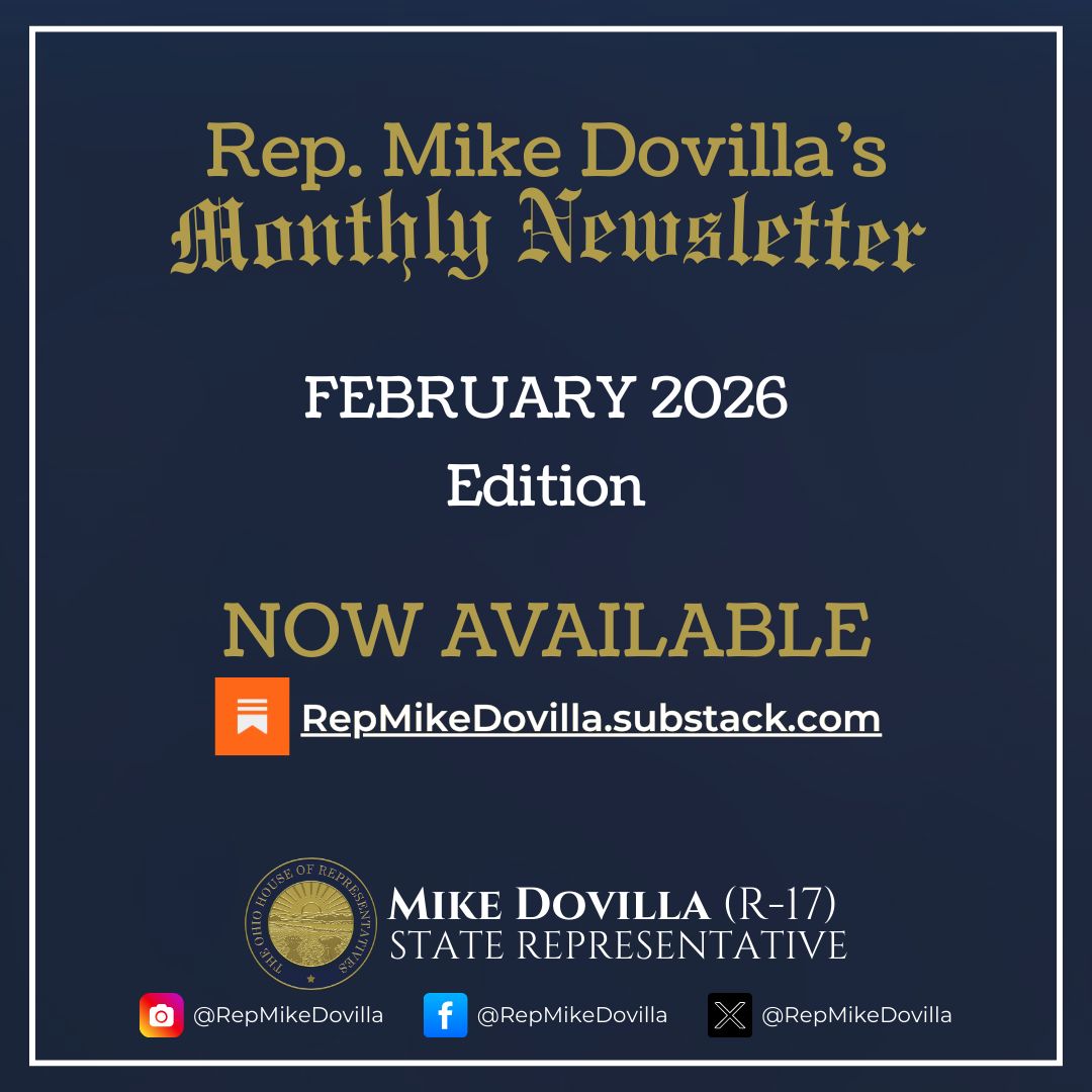 The February edition of my constituent newsletter is now available. It includes a legislative update from the Statehouse, recent district activity, and an updated community calendar.
Read more here:
repmikedovilla.substack.com/p/rep-mike-dov…

#OHHouse #OHPolitics #District17 #ServingYou