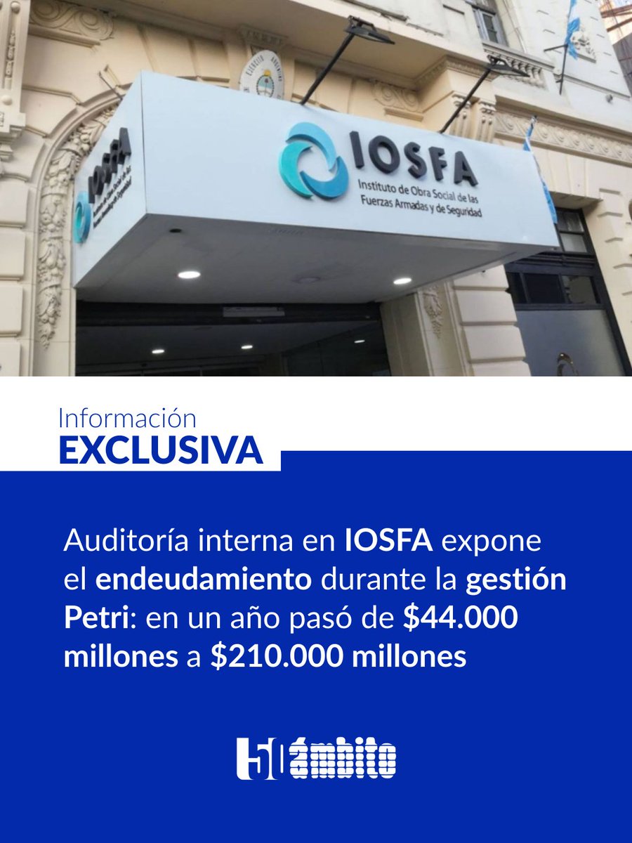Información exclusiva | 🔴 Ámbito accedió al documento 9/2025, en el que, como parte de una auditoría interna que aún no fue publicada, la propia obra social expone lo que Petri negó en sucesivas ocasiones: el crecimiento de la deuda de IOSFA fue exponencial tanto en forma