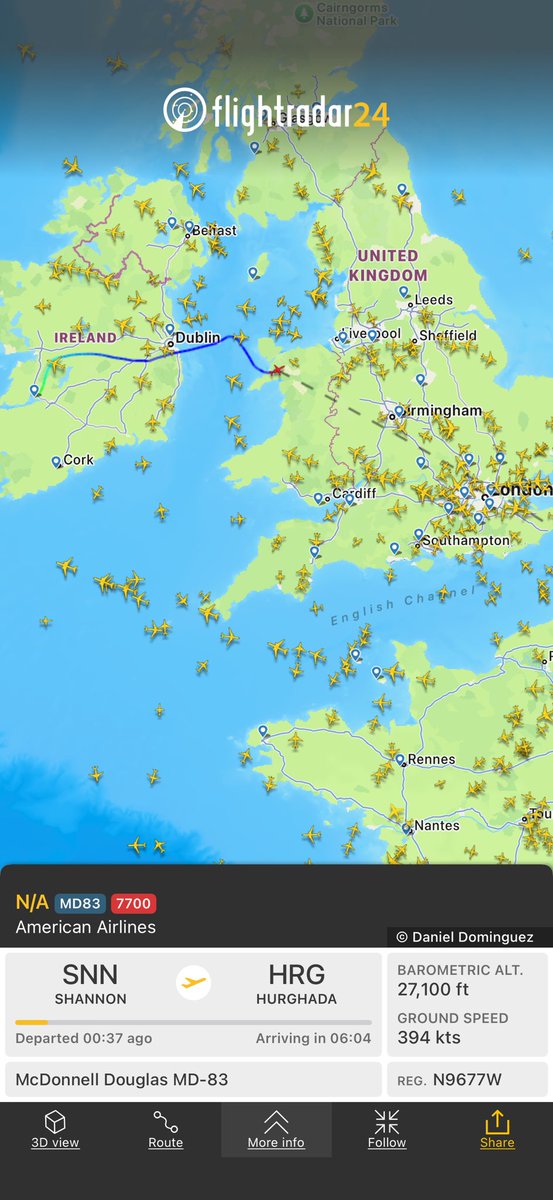 Can someone explain this American  MD-80. What it doing on this route in the first place? #squawk7700 #american Flight from Shannon to Hurghada
fr24.com/3e3778ee