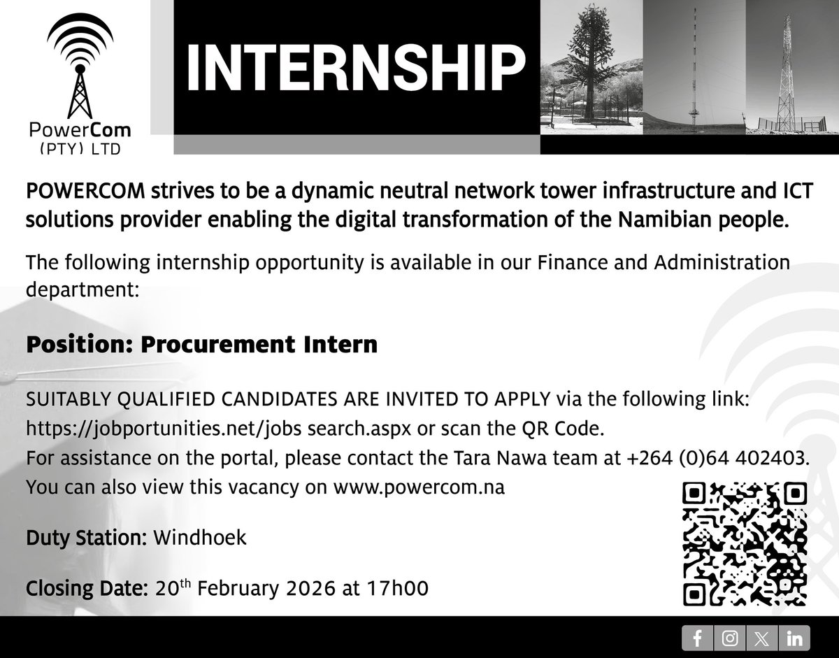 Internship opportunity at PowerCom. Closing date Friday, 20 February 2026.

#internshipopportunities #passiveinfrastructures