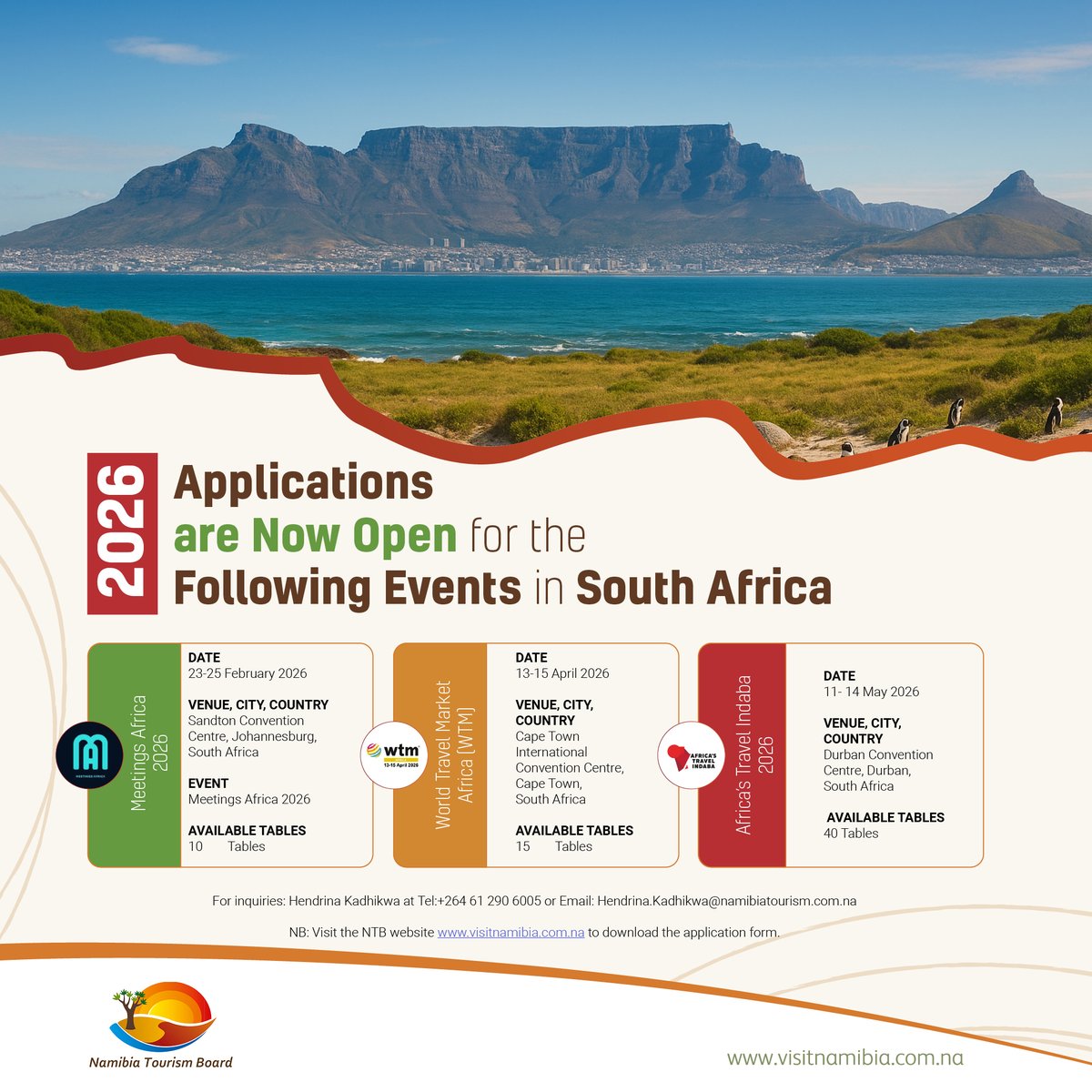 Tourism_Board's tweet photo. There’s still space available for the following events! 🙌🏼MSMEs are encouraged to apply and be part of these exciting opportunities
Application can be submitted online at https://t.co/FoeYBQwLn1
#visitnamibia #sharemynamibia #ExperienceNamibia https://t.co/s5cgONKOlY