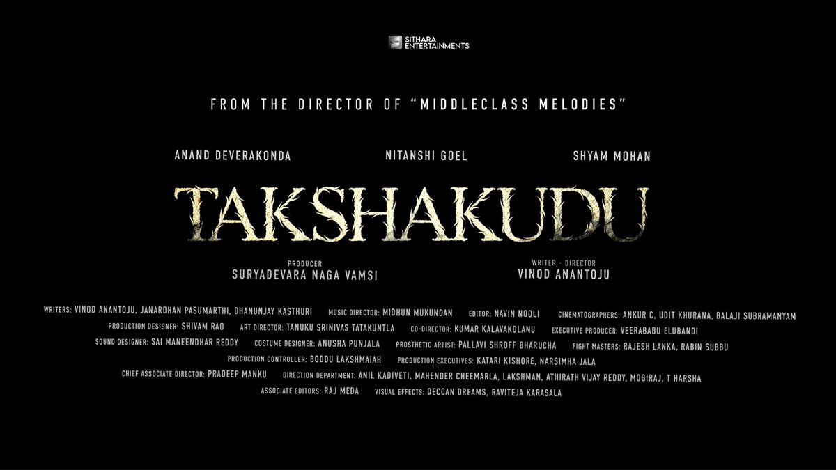vinodanantoju's tweet photo. Wanted to share all the crew credits as an end title card in the Teaser. Unfortunately this didn’t end up in the released teaser.

Sharing it here. I’m truly honored to have all these talented people on board.  The teaser is only a glimpse of their efforts.

#Takshakudu https://t.co/1FjiCSDCCt