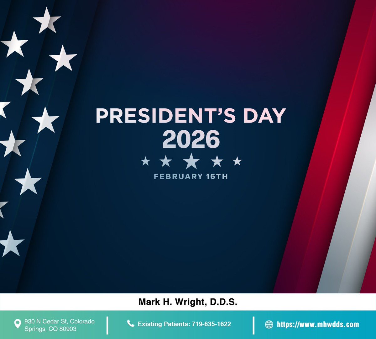 Today we celebrate and honor all U.S. presidents whose contributions have helped shape our great nation. Happy Presidents Day. #presidentsday #presidents #presidentsday2026 #markhwrightdds #coloradosprings #CO