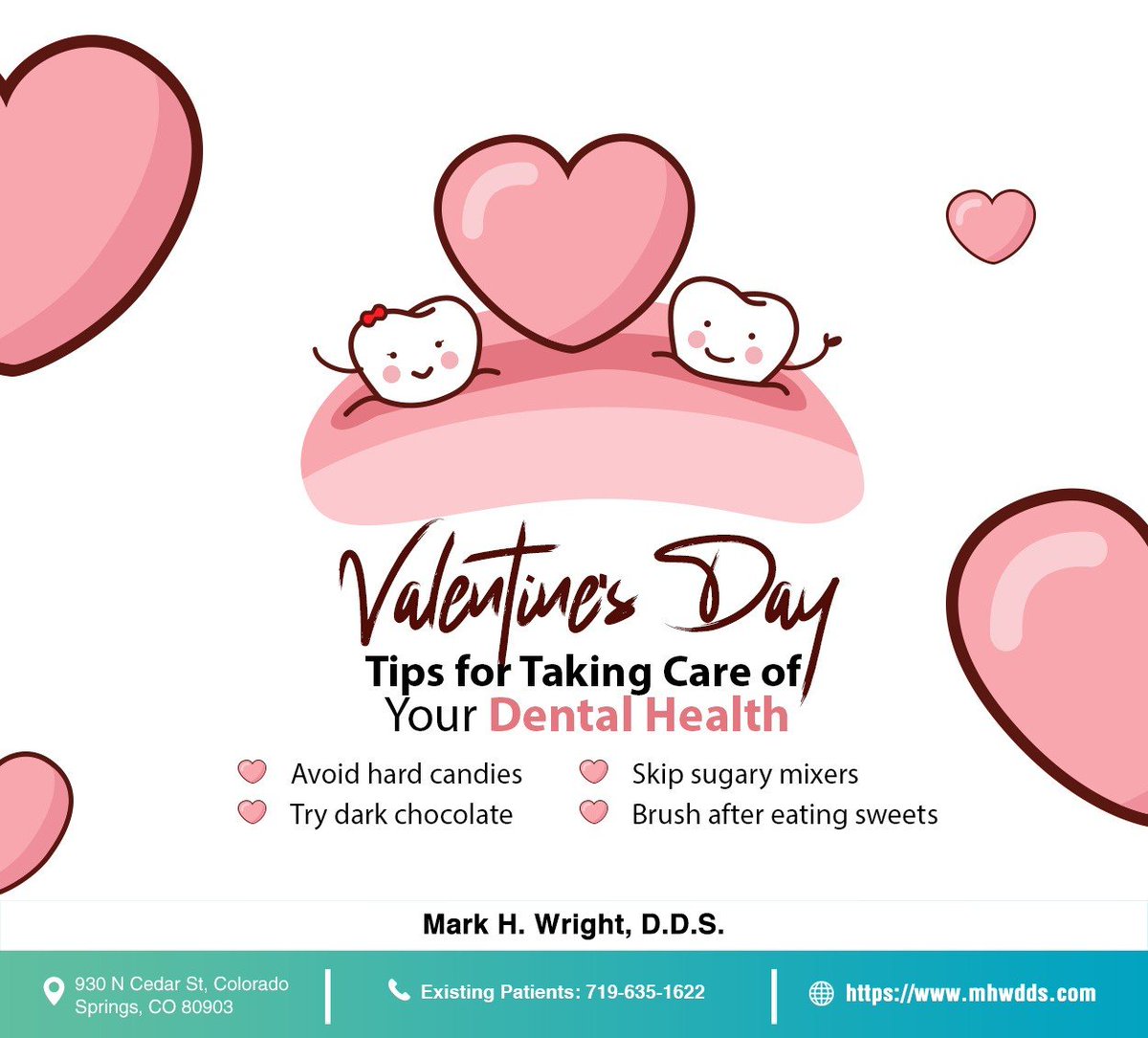 There's nothing wrong with spreading love, but don't forget to take care of your oral health. Stay hydrated, brush your teeth, and limit sugar where possible for better oral health. #valentinesday #oralhealth #markhwrightdds #coloradosprings #CO