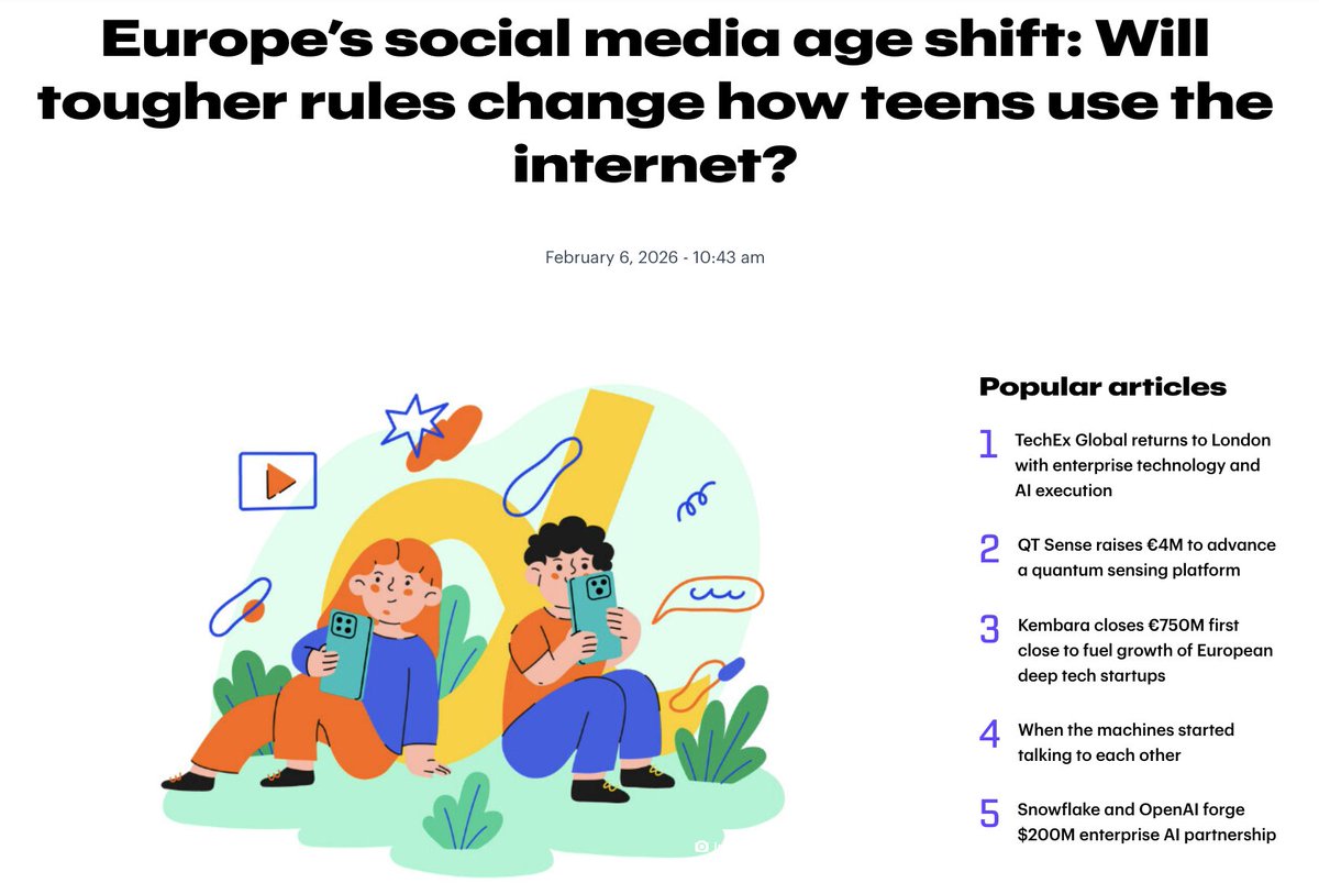 thenextweb's tweet photo. Europe is moving toward stricter social media age limits for teens

Several countries are now pushing laws that would raise the minimum age for platform access to 15 or 16, with mandatory age verification.

France, Spain, Denmark, Germany, and others are shifting from platform self-policing to hard legal boundaries.

The debate has moved beyond guidance and into enforcement.

This is becoming one of the biggest policy tests for how democracies handle youth protection in digital spaces.

https://t.co/Kt3148tIRm