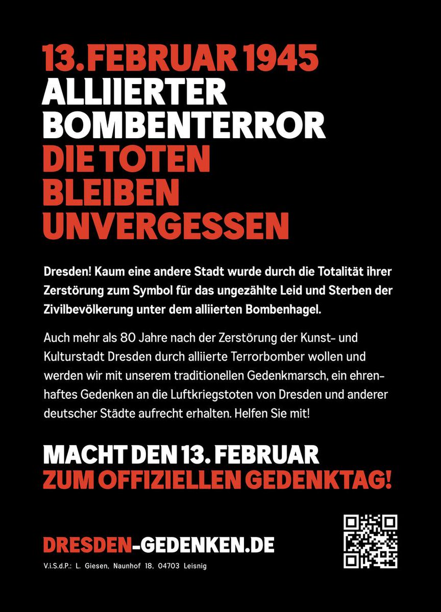 Heimat_DundME's tweet photo. Im Schmerz vereint.
Macht den 13.#Februar zum offiziellen #Gedenktag!

Am 14. Februar alle auf nach #Dresden26.
#Tot sind nur jene, die vergessen werden!🕯

#Flugblatt #dd1402 #Gedenken #Bombenholocaust #Bombenterror #Gedenkmarsch https://t.co/EgbZ0Qy67c
