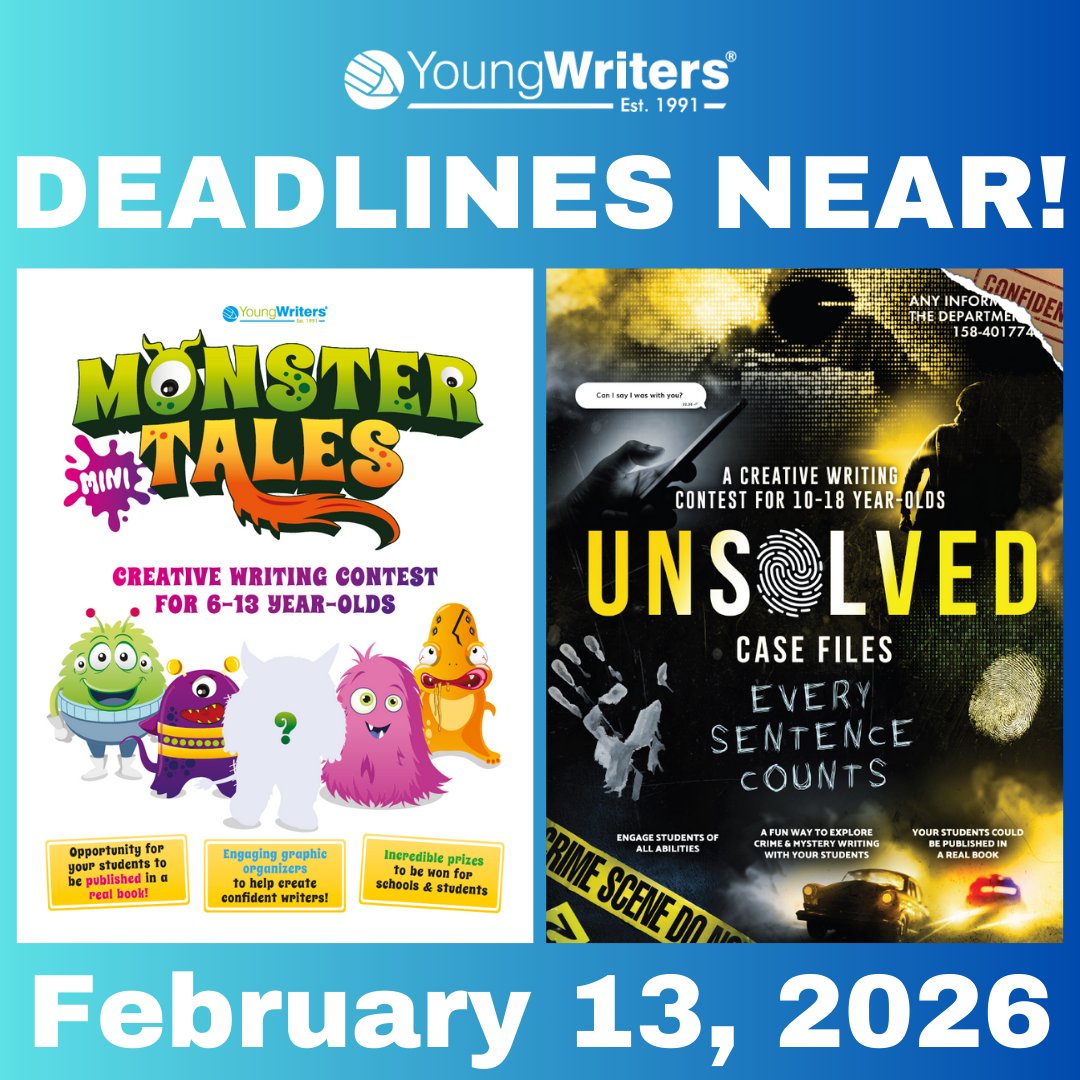 🚨DEADLINE NEAR🚨

Unsolved and Monster Mini Tales close THIS FRIDAY Feb 13. Send in your entries!

If you need more time, get in touch and we'll see what we can do: creatives@youngwritersusa.com