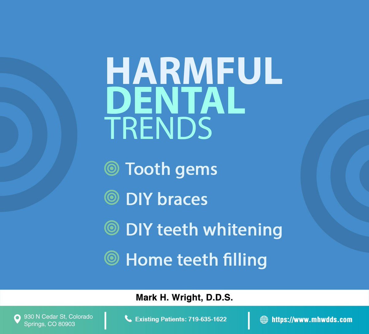 Dental trends can cause long-term damage to your teeth and lead to costly treatments to repair the damage. Visit a dentist for professional treatment for a better smile and better oral health. #dentaltrendstoavoid #markhwrightdds #coloradosprings #CO