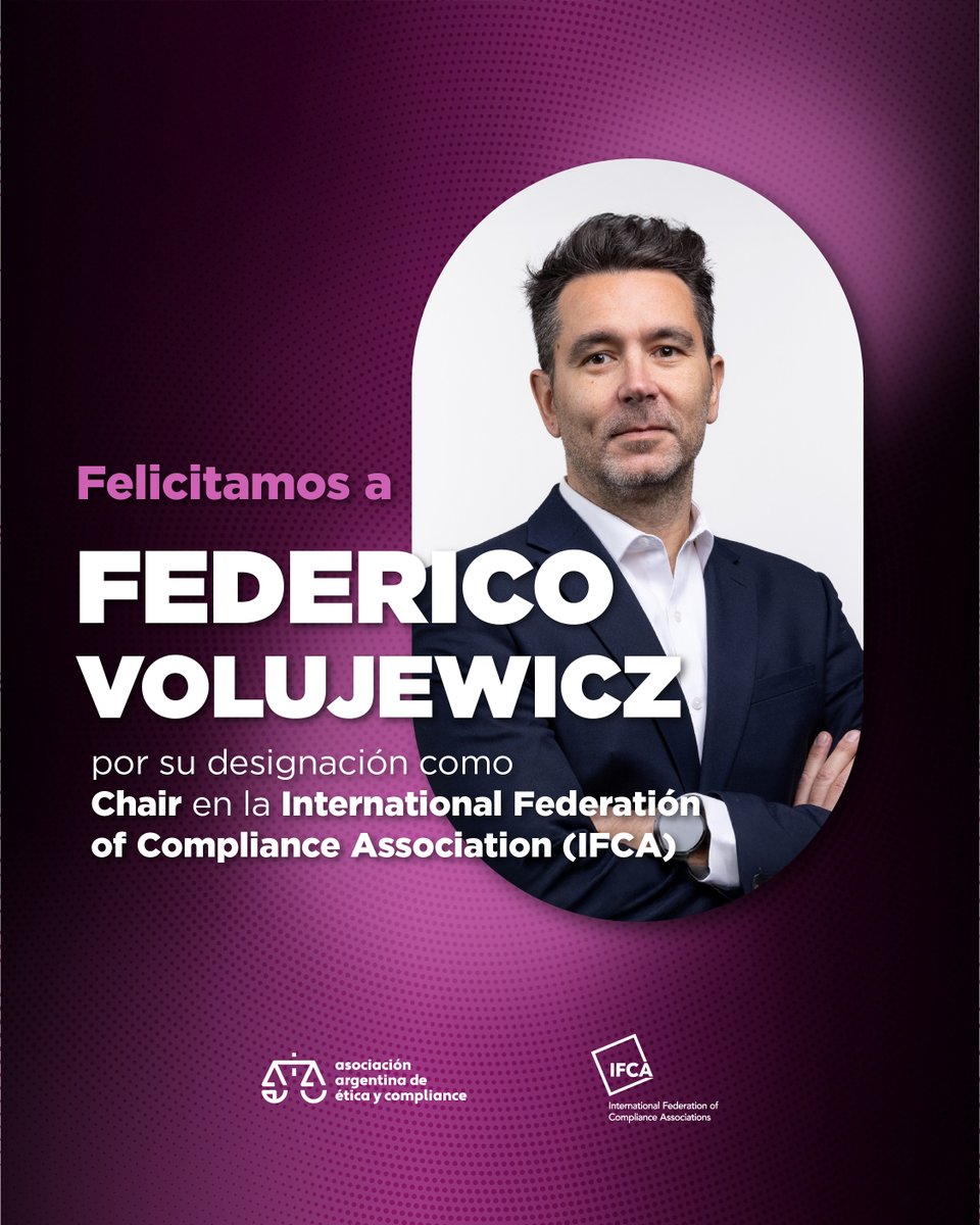 Federico Volujewicz, nuevo Chair de la IFCA🌐

Orgullosos de que nuestro miembro de CD lidere la International Federation of Compliance Association. IFCA agrupa organismos globales para potenciar la ética y las buenas prácticas. 
👏 ¡Felicitaciones!