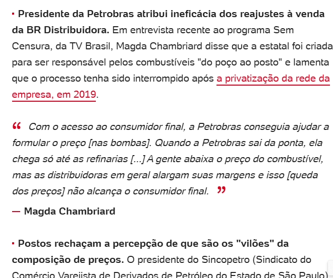 Congratulations aos envolvidos, talkey!

Antes: Petrobrás e BR tinham lucros moderados, e metade voltava pro povo.

Depois: Distribuidora privada e postos (leia-se PCC) lucram à vontade, volta pouco pro povo, que paga ainda muito mais caro.

economia.uol.com.br/noticias/redac…
