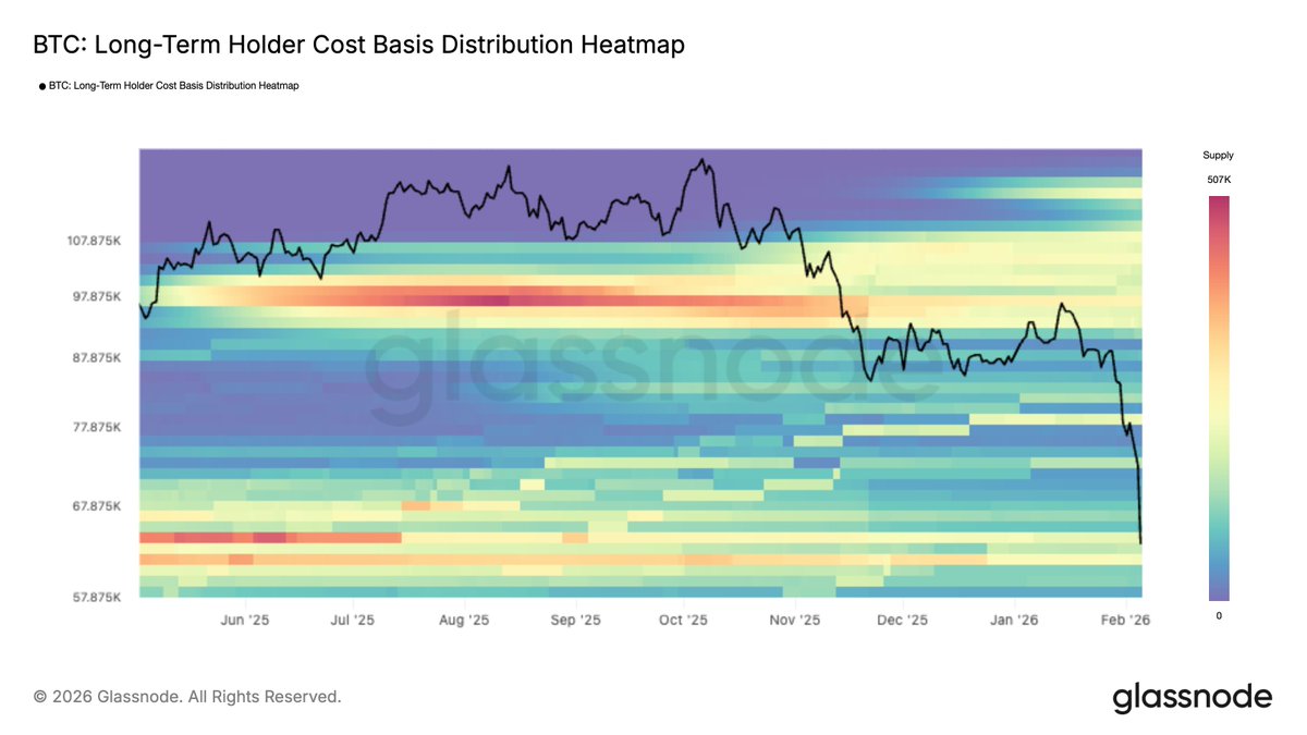 The LTH cost-basis heatmap highlights a dense support cluster in the low-$60Ks, where long-term holders are heavily concentrated. Overhead, supply thickens near ~$80K, forming a key resistance level.
This range defines the current supply battleground.
glassno.de/4r1nkh1
