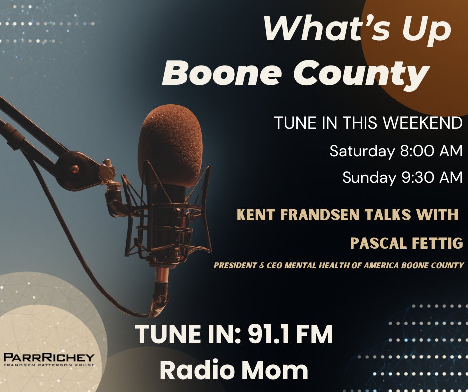 🎙️ This week on What’s Up Boone County
Kent Frandsen talks with Pascal Fettig, President &amp; CEO of Mental Health America Boone County.

📅 Sat 8:00 AM | Sun 9:30 AM
📻 Radio Mom 91.1 FM

#WhatsUpBooneCounty #IndianaRadio #BooneCountyIN