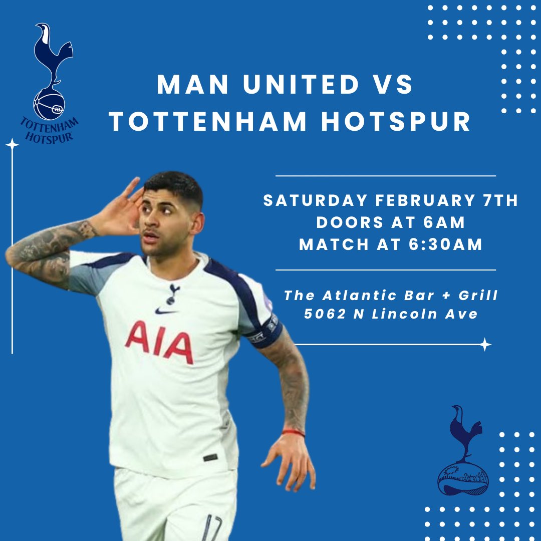 An early match against Man United tomorrow at the Atlantic! 
Doors at 6. 
Match at 6:30.
#chicagospurs #thfc #tottenham #coys