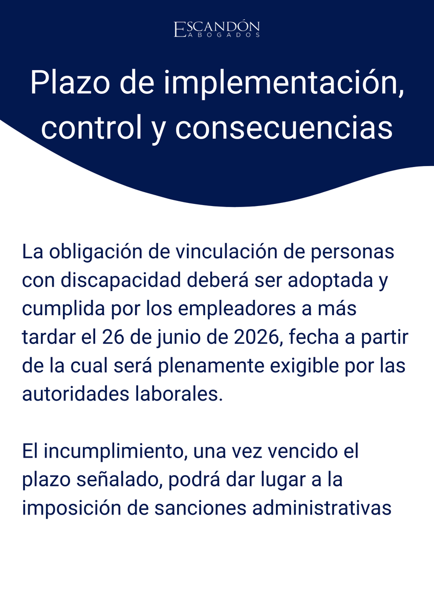 EscandonLaboral's tweet photo. Las empresas deberán vincular trabajadores con discapacidad según su planta permanente.
La obligación será exigible a partir del 26 de junio de 2026 y su incumplimiento puede generar sanciones.
Conozca cómo prepararse con Escandón Abogados  https://t.co/Yw0WVCW5Gp https://t.co/RLNV7h2Jeq