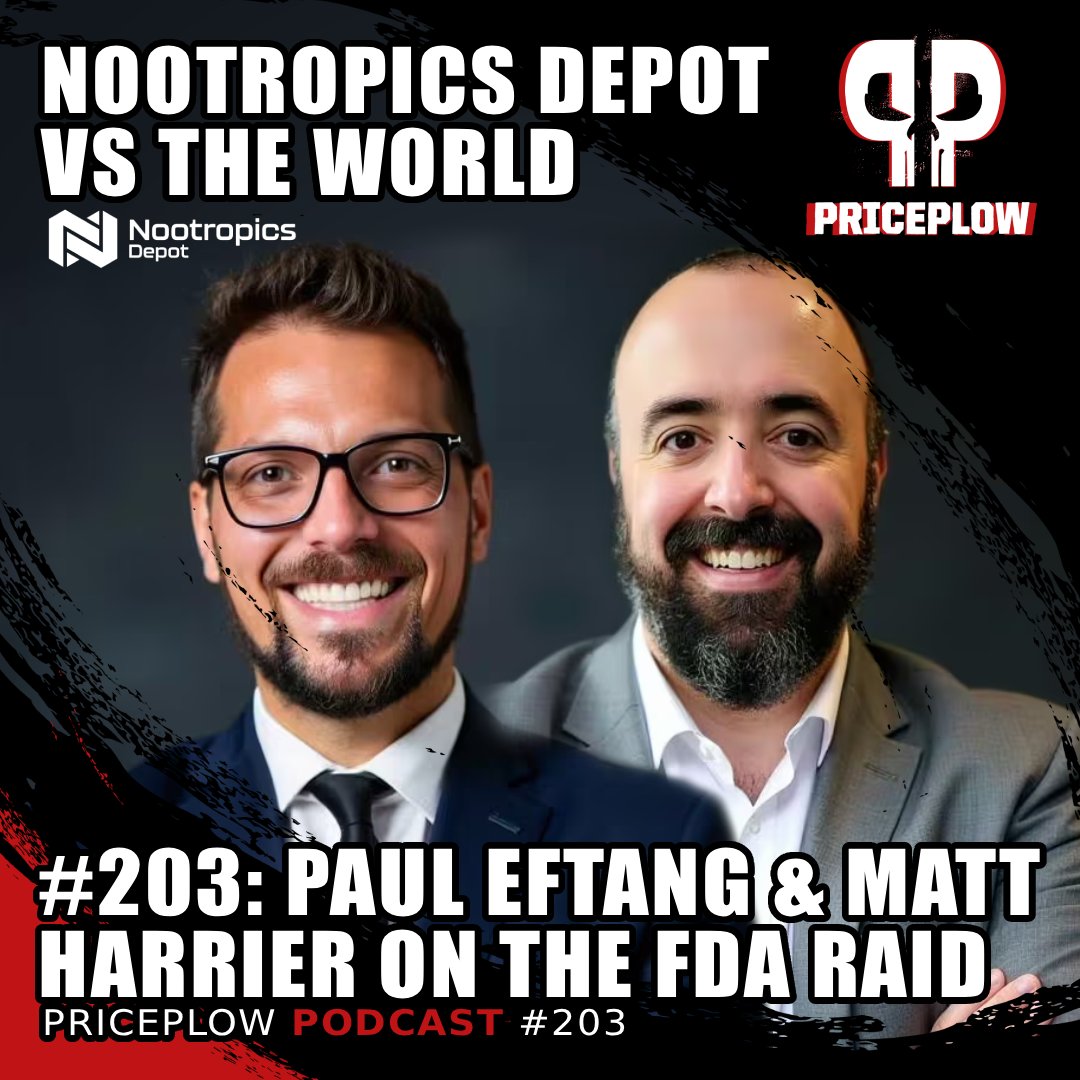blog.priceplow.com/podcast/nootro…
Paul Eftang and Matt Harrier of <a href="/NootropicsDepot/">NootropicsDepot</a>  reveal the full story of their 2021 FDA raid, regulatory battles, and why pharmaceutical-grade testing standards made them a target in Part 1 of our two-part series on Episode #203 of the PricePlow Podcast.