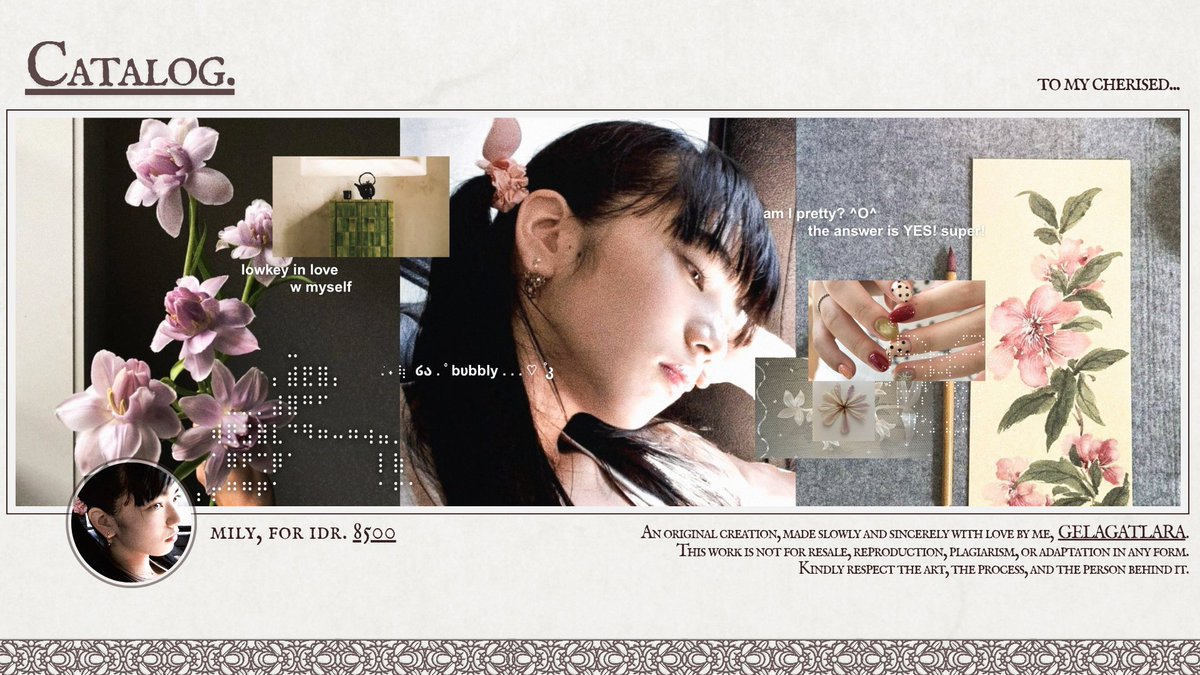 GELAGATLARA's tweet image. HELP REPOST AND OSPEK. {}

teman timun, bisakah bantu aku ospek setup katalog aku, jikalau ada kesamaan dengan BA lain bisa langsung dm aku yaaaa. setup ini terinspirasi dari setup lama aku, yang aku recreate ulang dan VOILA... 🥺 

{ #zonauang #zonajajan }