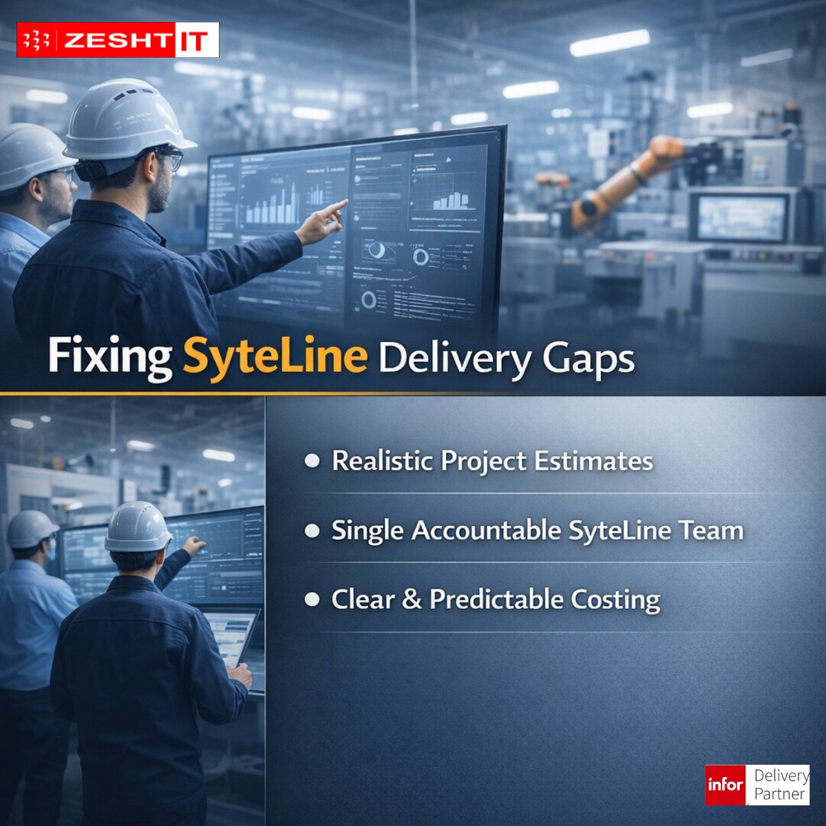 Zesht_IT's tweet photo. SyteLine project overruns usually aren’t product issues—they’re delivery issues.
Zesht IT fixes this with realistic estimates, a SyteLine-only team, and transparent costing.
One point of contact. One accountable team. Predictable SyteLine delivery.
#InforSyteLine #ERP #ZeshtIT https://t.co/2idarDFInn