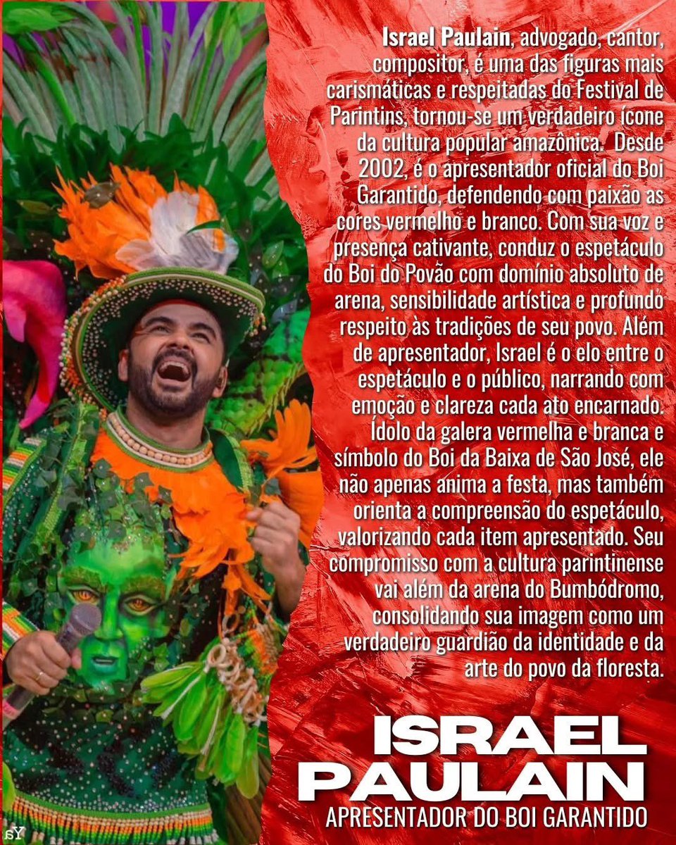 festparintins's tweet photo. Conheça a história de Israel Paulain, apresentador do Boi Garantido, que defende esse item desde 2002.
#ItemAItem #Apresentador #FestivalDeParintins https://t.co/soHJouBt5v