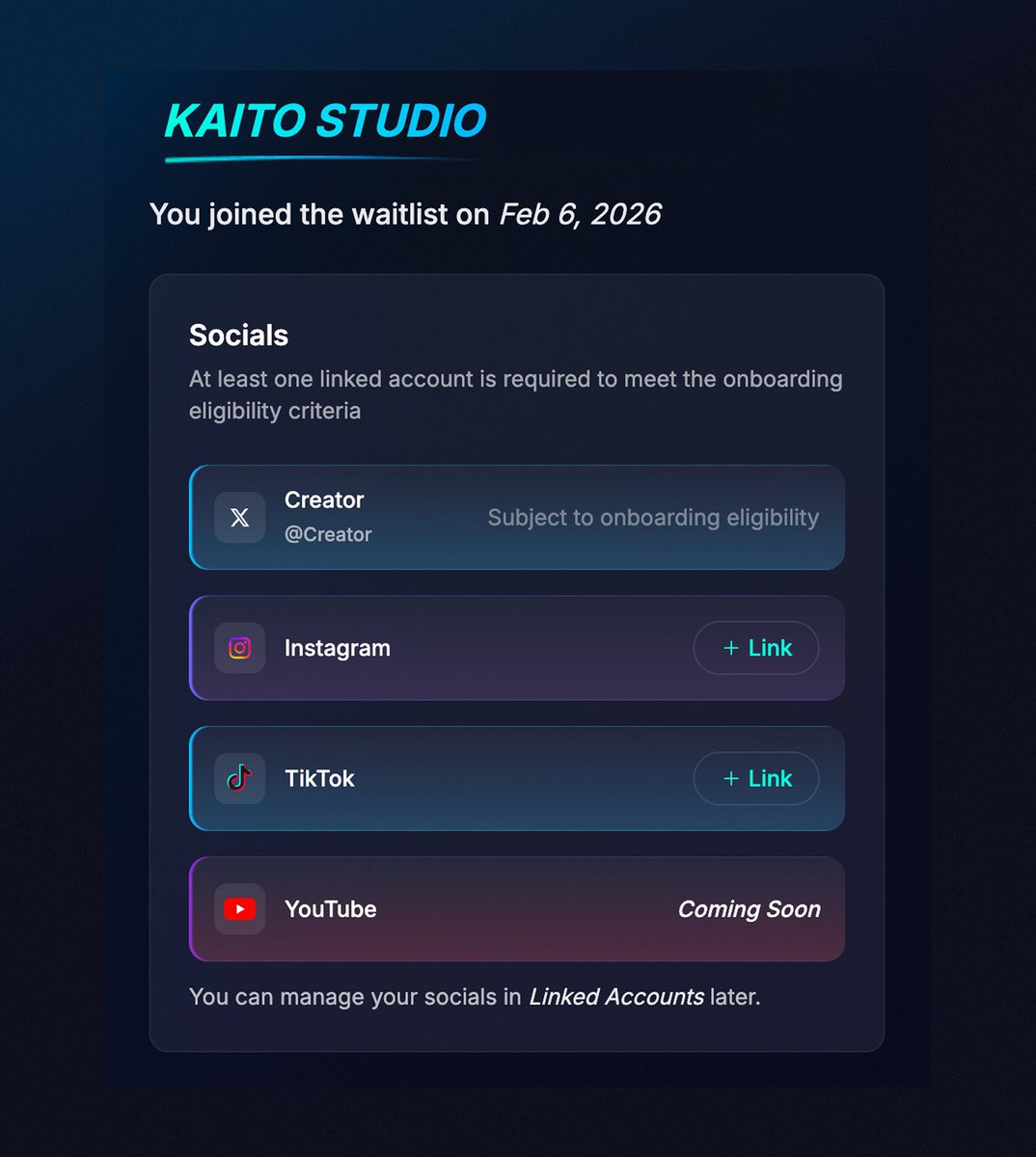I just joined the Kaito Studio waitlist.

How to Start :
> Go to kaito.ai/studio
> Sign up via Email
> Enter your Username
> Connect your Social Accounts then Submit
> Done

If you haven't linked an email yet to your Kaito account, follow the instructions on the UI to