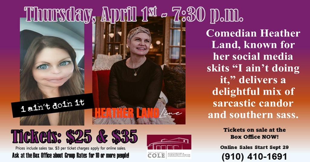 coleaud's tweet photo. Event Reminder: Heather Land: Live, originally scheduled for tonight (Feb 6), has been rescheduled.

New date: April 1, 2026 | 7:30 PM
Cole Auditorium
Tickets: $25 &amp; $35
Info: https://t.co/VRn60gNLBj

Tonight’s tickets remain valid for the new date. https://t.co/4i2OvZ6fbP