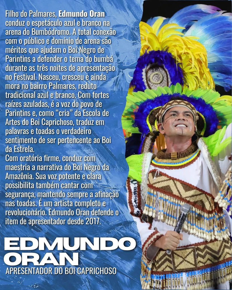 festparintins's tweet photo. Conheça a história de Edmundo Oran, apresentador do Boi Caprichoso, ele defende o Item desde 2017.
#ItemAItem #Apresentador #FestivalDeParintins https://t.co/CR7zpnWFCy