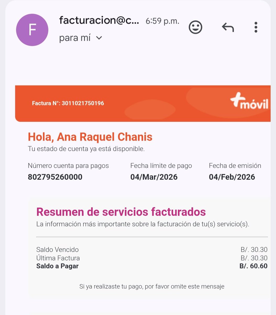 Atención <a href="/MasMovilPanama/">MasMovilPanama</a>.
Siempre pago mediante descuento automático que hacen ustedes a mi tarjeta VISA BG.
Hoy recibo cobro de "saldo a pagar" absolutamente imposible de producirse.
Agradezco corregir su error prontamente y evitarme molestia.