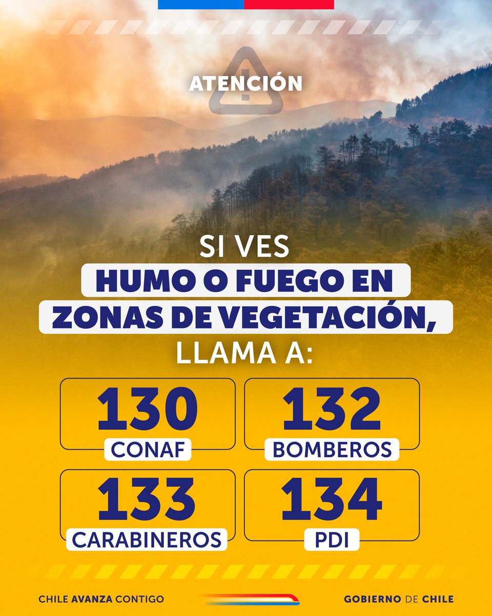 SubseInterior's tweet photo. 🔴 Botón Rojo | El sábado 7 de febrero será el día con más riesgo: casi 100 comunas, en las regiones de O’Higgins, Metropolitana, Maule, Ñuble, Biobío y La Araucanía. 

El 99,7% de los incendios forestales en el país son ocasionados por las personas, ya sea por negligencia o intencionalidad ¡Por eso es importante tu compromiso!

Si ves humo o estás en presencia de un incendio forestal, llama inmediatamente al 📲130 de CONAF o también a los siguientes números:

📲132 Bomberos
📲133 Carabineros
📲134 PDI