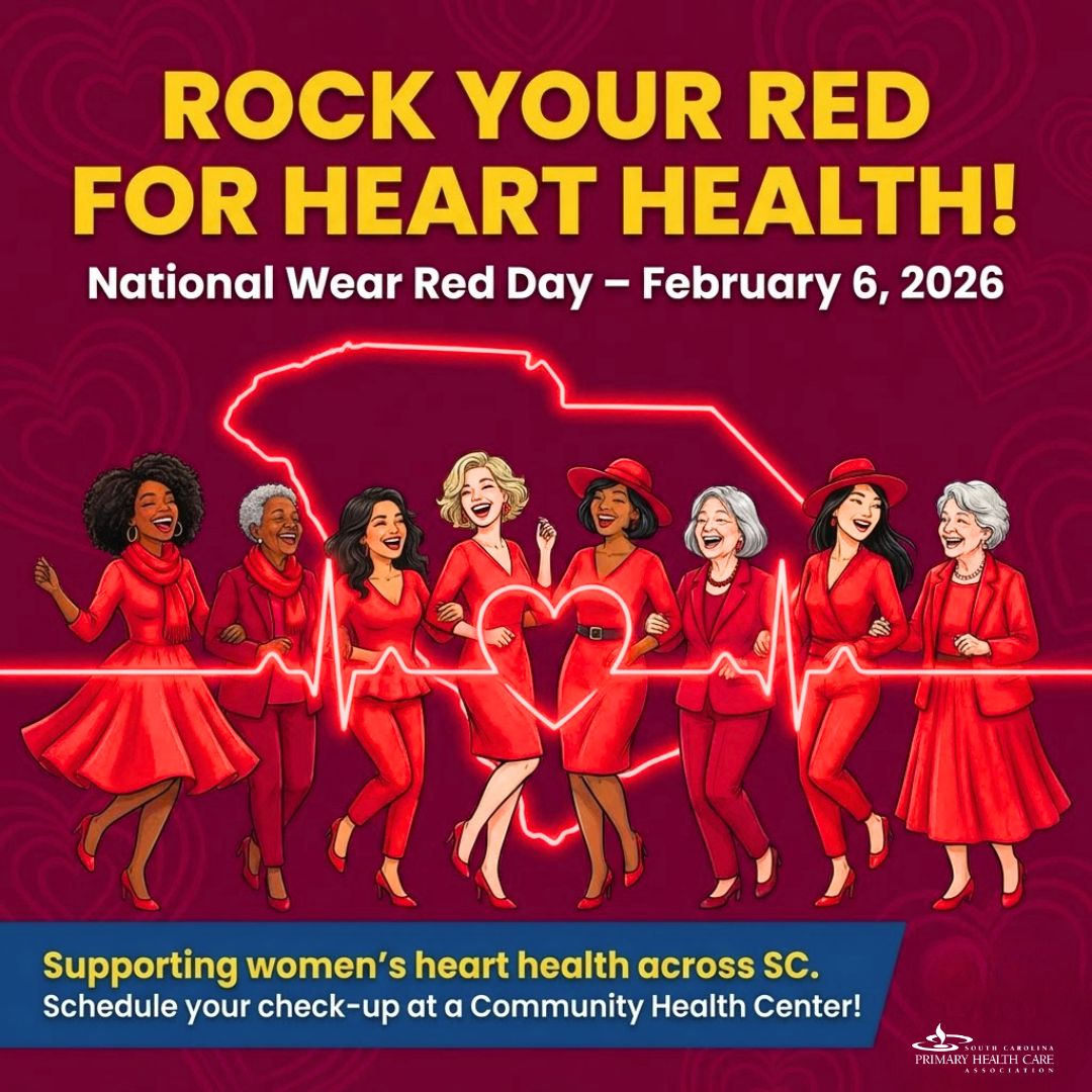SCPHCA's tweet photo. Happy #NationalWearRedDay! ❤️ Today we wear red to raise awareness for women's heart health. Our member centers across SC are ready to help you stay heart-healthy with preventative screenings and care. Rock your red; share a pic today! 💃🏾🩺✨
#GoRedForWomen #SCPHCA #HeartHealth https://t.co/qS7BU2bTIJ