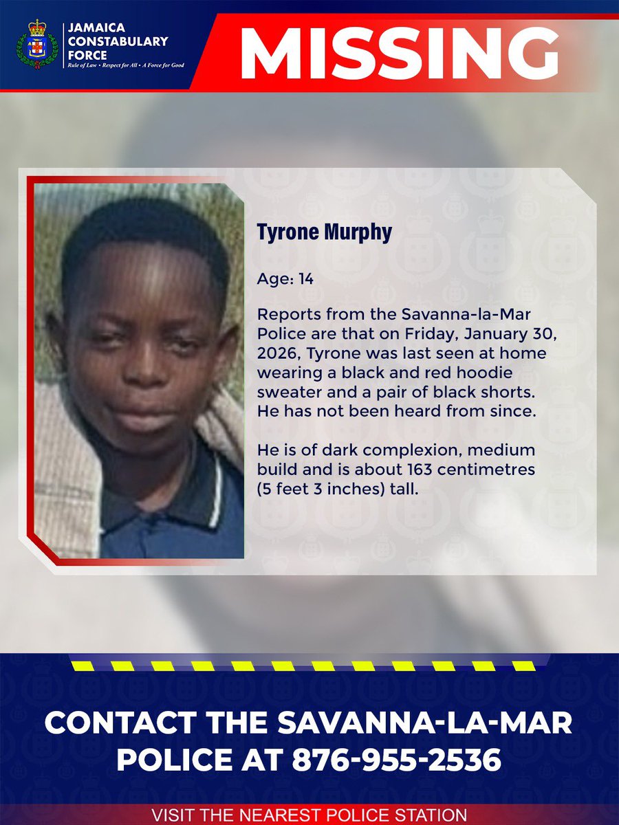 Help us locate missing Tyrone Murphy. If you know his whereabouts, please call the Savanna-la-Mar Police or the nearest police station. 

#AnandaAlert #Missing