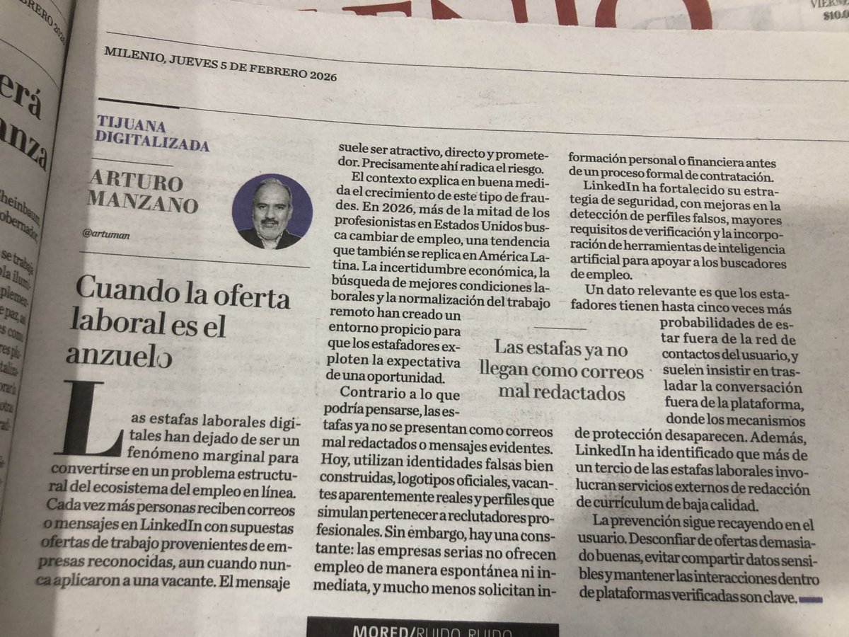 Échenle un vistazo a <a href="/Milenio_Puebla/">Milenio Puebla</a>, hoy sale mi colaboración, hablando de fraudes laborales en las redes sociales.