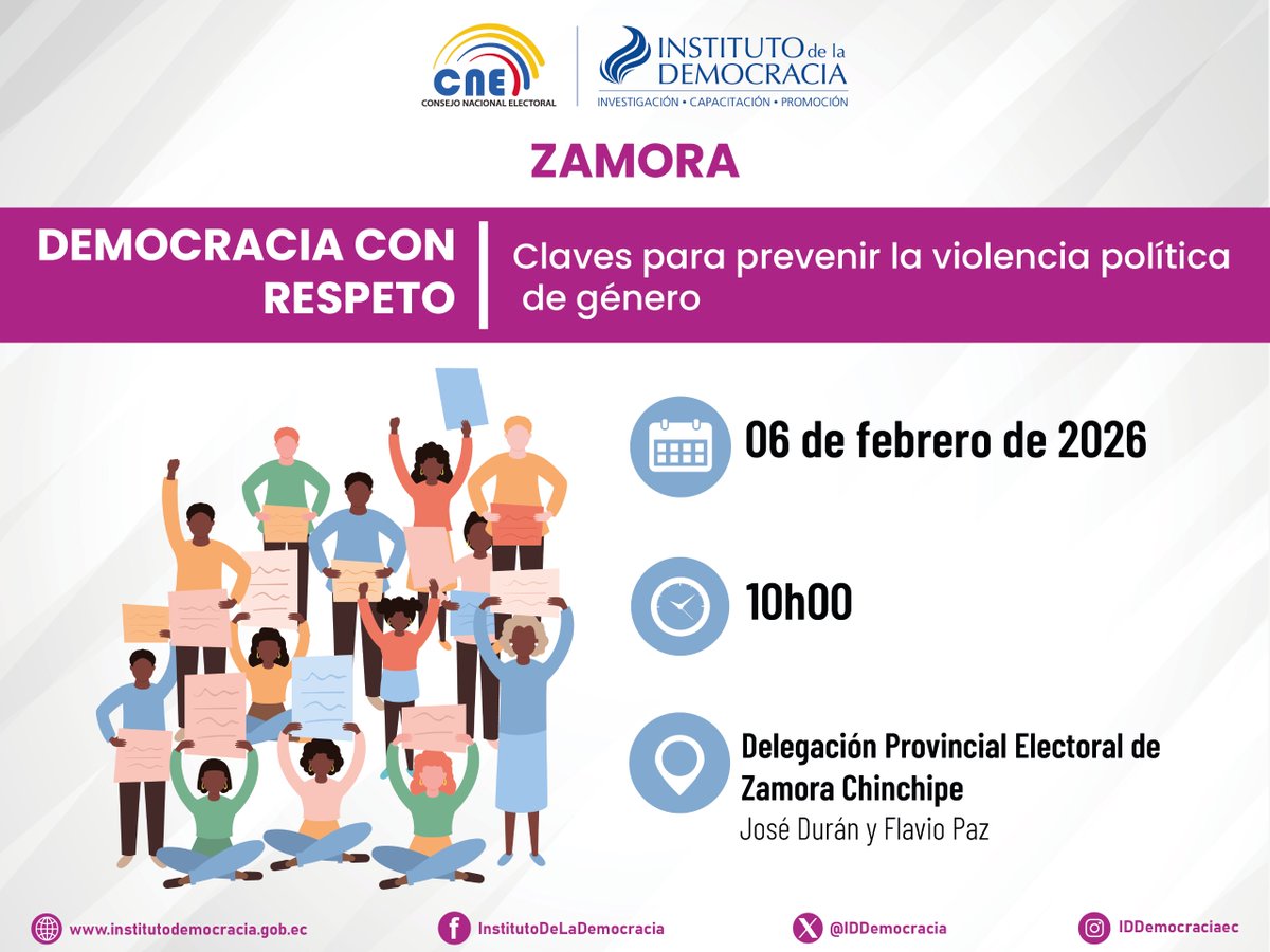 ¡La violencia política de género es una barrera para una democracia plena! ✊💜
En #ZamoraChinchipe, acompáñanos en el Foro “Democracia con respeto” y conoce claves prácticas para prevenirla y promover una participación política segura, igualitaria y libre de violencia.
📅 6 de