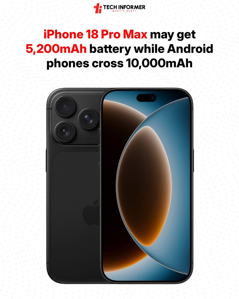 Tech_Informer_'s tweet image. According to DCS, supply chain sources say the Chinese version of the iPhone 18 Pro Max may have a battery of around 5,000mAh. The international version could get a slightly larger battery, between 5,100 and 5,200mAh.

#Techinformer #iPhone18ProMax #Battery