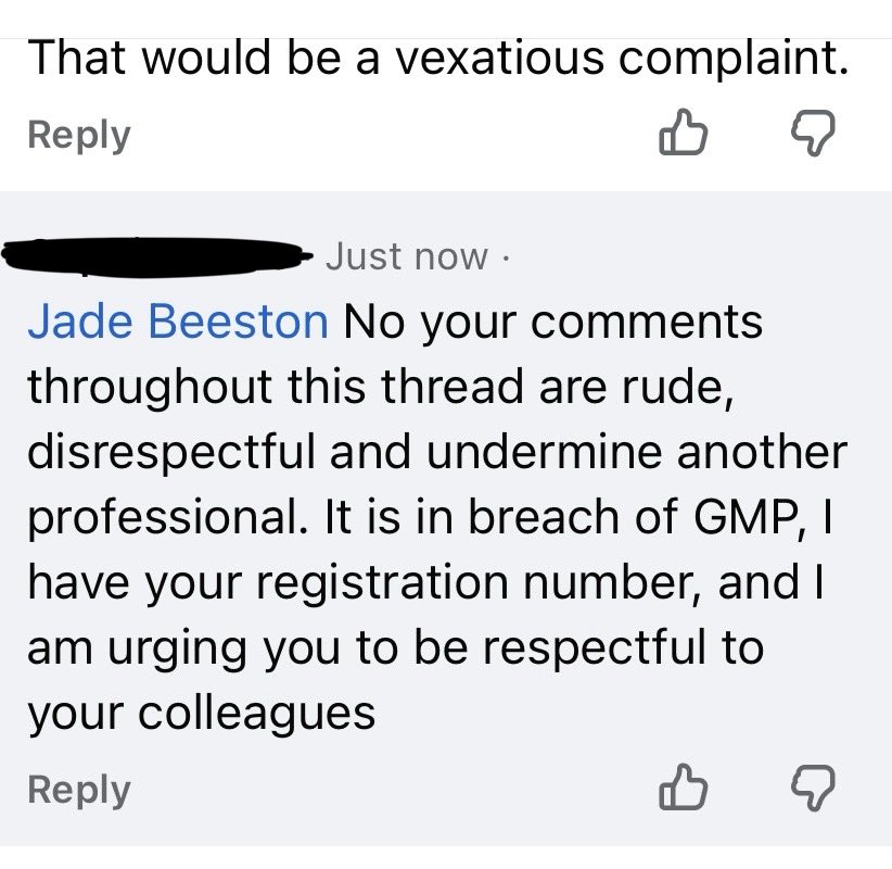 jade_beeston's tweet photo. @HfNexttoplshf @corneliusorj89 @DrNickDalmon @medicalmodelbri @anaesthetic_spr I have covered any personal details other than my name- even though the PA posting the comments thought nothing of including my full name and GMC number, repeatedly urging people to report me. https://t.co/l3VSG4IIIM