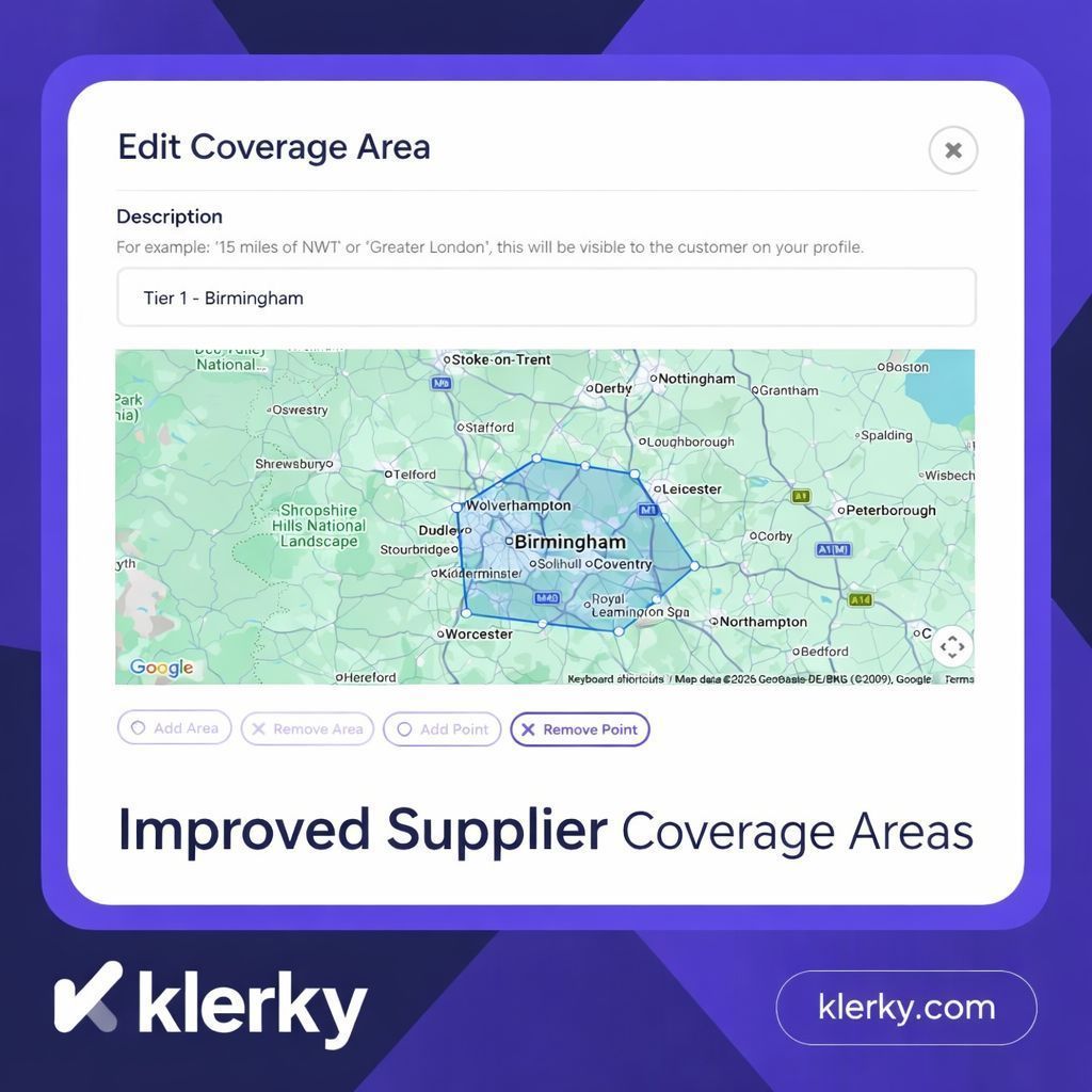 Klerkyproptech's tweet photo. Clear coverage = better matching.

Inventory clerks can now map where they operate in Klerky, making urgent bookings faster and more reliable for property managers.

Get set up before you need it.
https://t.co/gLeaDvRVdu https://t.co/EfXo0Ful5N