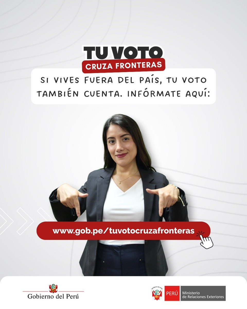 CancilleriaPeru's tweet photo. 🗳️🌍 #TuVotoCruzaFronteras | ¿Vives fuera del Perú y quieres saber cómo participar en las Elecciones Generales 2026?
A través de la web https://t.co/vFUVBRbVQQ encontrarás toda la información que necesitas para votar desde el exterior: fechas, pasos y orientación para la comunidad peruana.