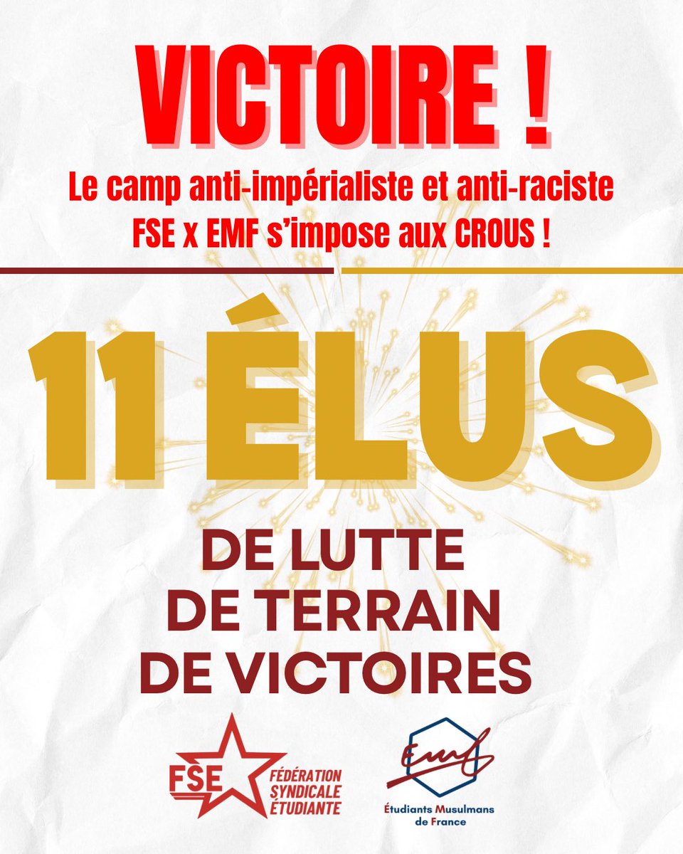 FSE_natio's tweet photo. 🎉 Victoire ! Le camp anti-impérialiste et anti-raciste avance, les listes @EMFasso et FSE font 11 sièges pour les élections CROUS ! 

1/4 https://t.co/55jXb9R5v7