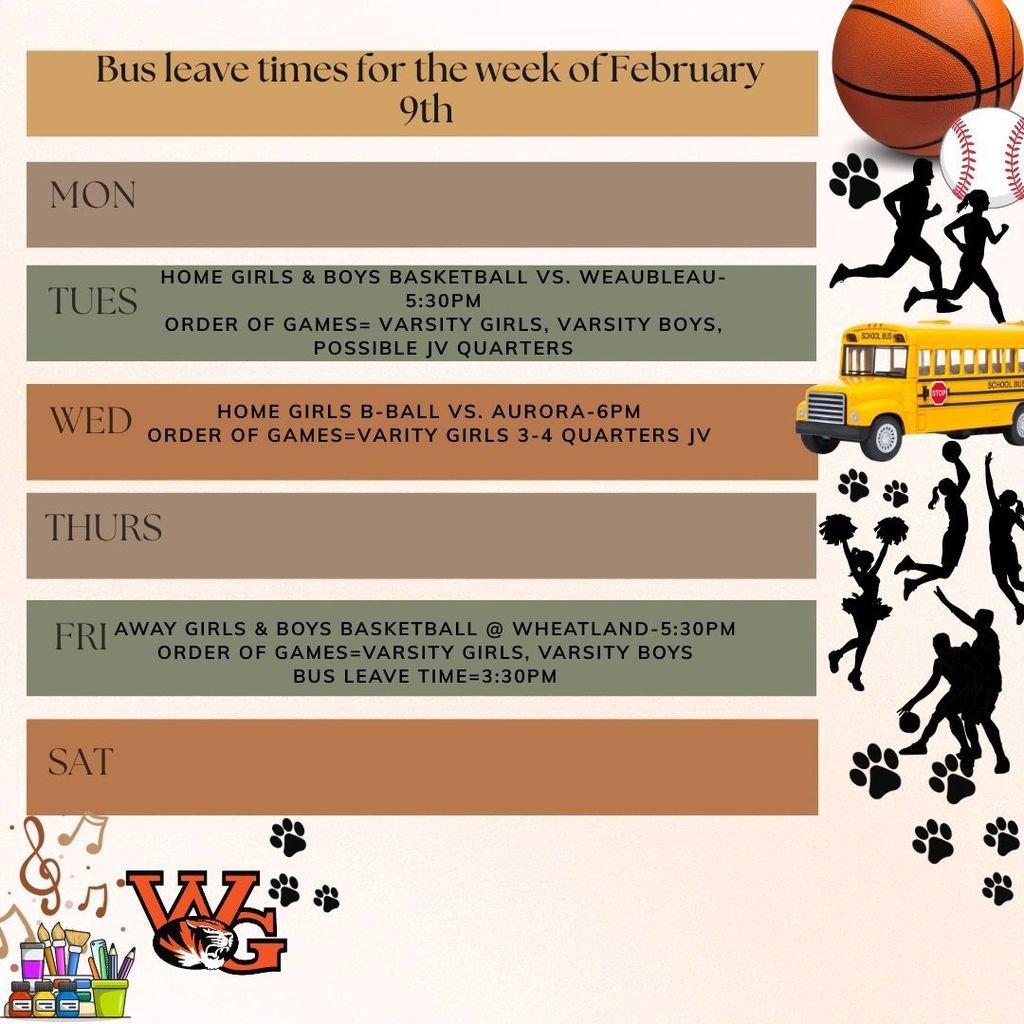 Bus leave times for the week of February 9th.