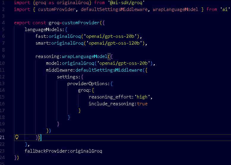 Adarsh_dot_dev's tweet image. Day 20: 
&amp;gt;Provider &amp;amp; model management day
&amp;gt;Built `models.ts` + custom provider for open-source GPTs:  
- 20B (fast mode)  
- 120B (smart mode)
&amp;gt;Used `defaultSettingsMiddleware` to crank reasoning effort to high – responses feel way deeper now. Switching models mid-chat is smooth.