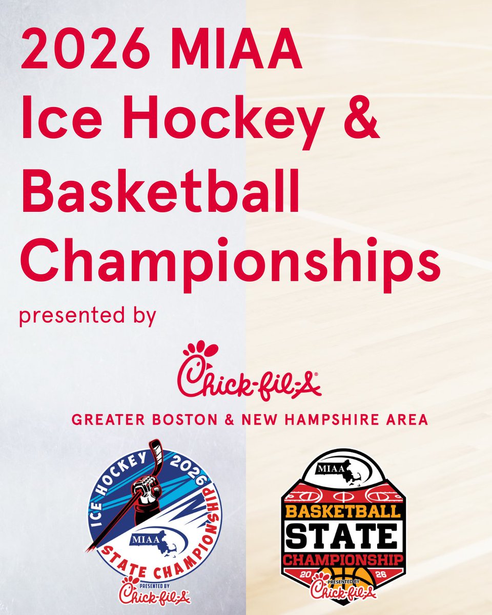 MIAA033's tweet photo. We're excited to announce that the 2026 MIAA Ice Hockey &amp; Basketball Championships are presented by Chick-fil-A 🎉 https://t.co/NlCW1mhAQd