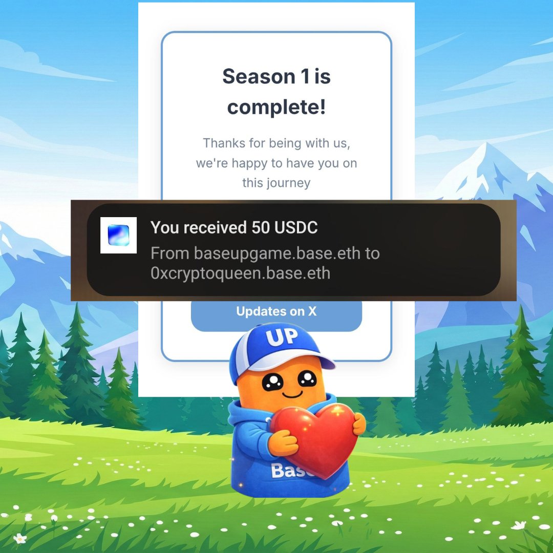 Season 1 on <a href="/BaseUPgame/">BaseUP</a> is officially wrapped. Received my 50 USDC airdrop straight to the wallet.

Why I’m bullish on Season 2:The team distributed 100% of the pot ($1,650) to the players, taking $0 for themselves. In a space full of greed, this level of integrity is rare. 💎