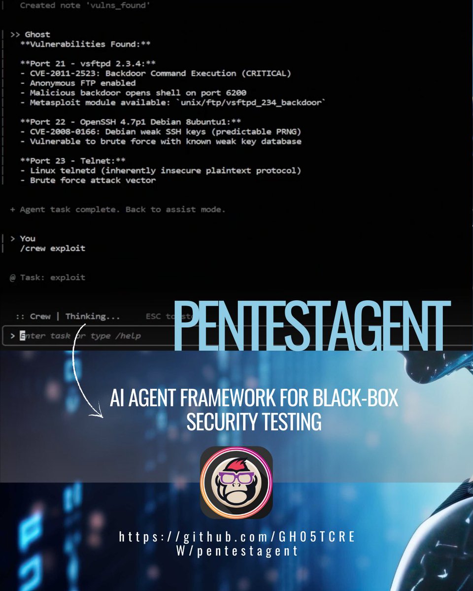 EsGeeks's tweet photo. PentestAgent une LLMs y hacking para crear tu Red Team de IA. Lanza agentes autónomos o un "Crew" para automatizar auditorías, todo de forma segura y aislada en Docker.
🤖🛡️ #PentestAgent #HackingEtico #AI #Ciberseguridad #Hacking #ReadTeam #IA #EquipoRojo #Pentesting https://t.co/Vr0n1nhzkN