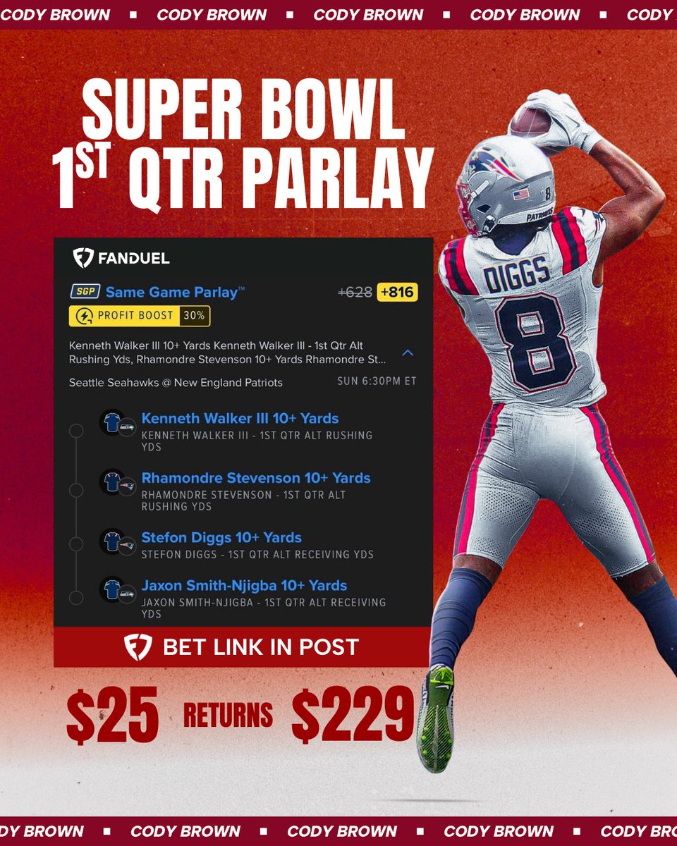 CodyBrownBets's tweet photo. 🚀 +816 Super Bowl First Quarter Parlay

I’m feeling a first quarter cash.

🔗 FanDuel bet link: https://t.co/7TjJxfSfoC

There’s a 30% boost available today!

21+, gamble responsibly. https://t.co/8Ex5QSC7dC