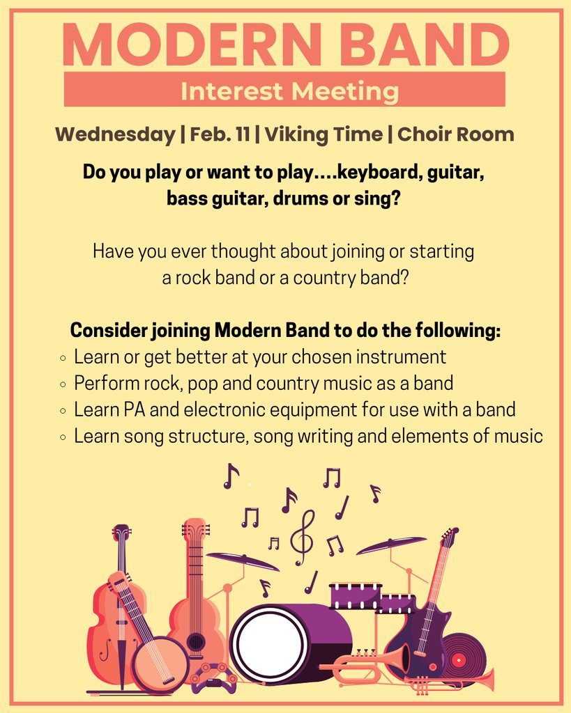 BTCS_THS's tweet photo. If musical instruments and songwriting are pastimes you'd like to explore, please attend the modern band interest meeting that will be held February 11 during Viking Time in the choir room. https://t.co/9s0BxXEBNr